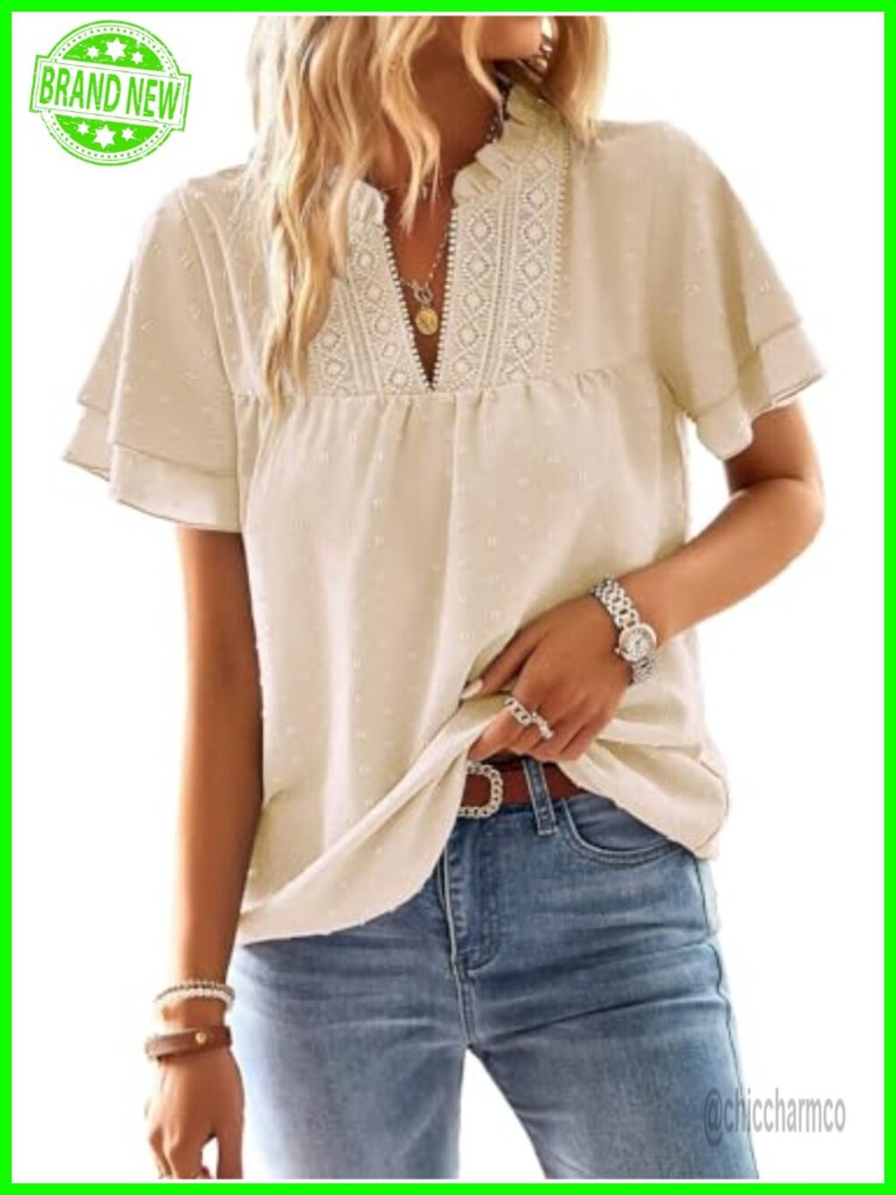 Womens V-Neck Crochet Lace Blouse Short Sleeve Casual Top